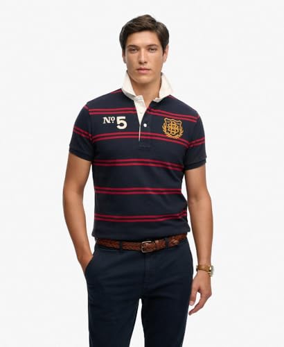 Superdry Double Emblem Jersey SS Rugby Polo Shirt, Navy/Red Chest Band Stripe, L Men's