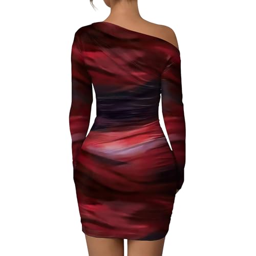 Image of Women's Long Sleeve Bodycon Mini Dress Tie Dye Print Slim Fit Asymmetrical Neck Elegant Formal Ruched Short Dresses