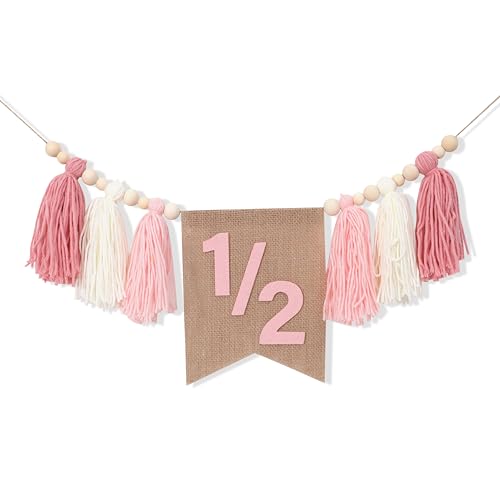 WAWUO Pink 1/2 Birthday High Chair Banner - Girls Half Birthday Party Decorations,Pink Tassel Wood Bead Highchair Garland