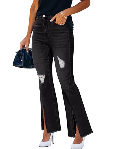 STARBILD Jean Evasé Déchiré pour Femme, Taille Haute Denim Jegging Bootcut Pantalon Coupe Large, Ourlet Effiloché - Noir M