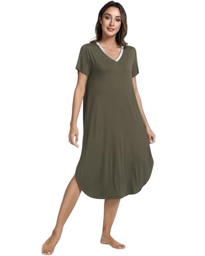 Image of NACHILA Nightgowns for Women-Viscose Made from Bamboo, V Neck Sleepshirts Short Sleeve Sleepwear Cool Nightshirt