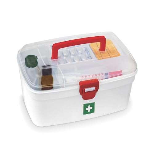 UCRAVO Caja médica vacía de primeros auxilios, organizador de medicamentos con asa adjunta, kit de emergencia familiar, bandeja extraíble, fácil acceso con cerradura transparente