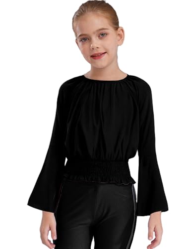 Girls Casual Off Shoulder Ruched Crop Top Summer Flounce Long Sleeve Smocked Blouse Boho Tunic Shirt