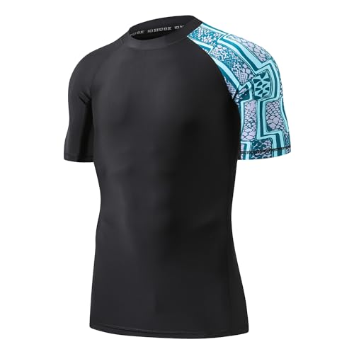 ADOREISM Mens Rash Guard Short Sleeve Quick-Dry UPF 50+ Sun Protection Compression Swim Shirts for Men (Zigzag 3XL)