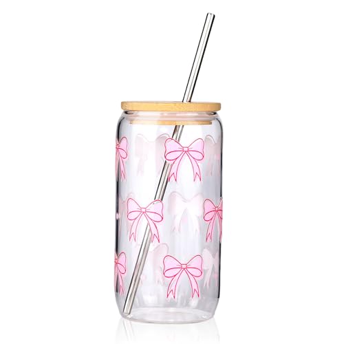 Hebterrka Elegante Vaso De Cristal De 16 Oz Con Tapa Y Pajita, Dos Opciones De Estilo De Pegatinas Diferentes, Diseño De Lazo Coqueto, Puede Utilizarse Para Café, Cócteles Y Más