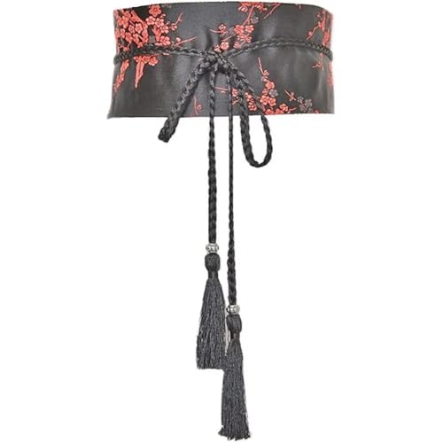 Womens Kimono OBI Belt Japanese Style Embroidered Wide Waistband Kimono Sash Wide Corset Waist Belt Flower Embroidered Waist Belt Tassel Bow Tie Belt