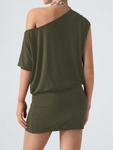 Image of SOLY HUX Women's Off The Shoulder Mini Dress Going Out Asymmetrical Neck Short Sleeve Casual Bodycon T Shirt Dresses