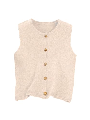 Urchics Womens Casual Cardigan Minimalist Solid Color Gentle Metal Button Decor Knit Vest Round Neck Fashion Sweater
