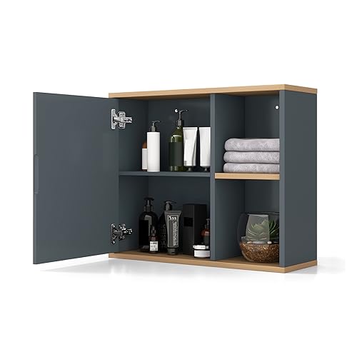 LIFEZEAL Armoire Murale Salle de Bain avec Miroir, Armoire de Toilette en Bois, Placard de Rangement avec Étagère Réglable, 60 x 20 x 52 cm, Gris