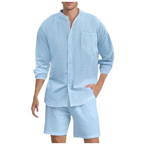 Beokeuioe Zweiteiliger mit Hemd Langarm + Hose Kurz Shorts Urlaub...