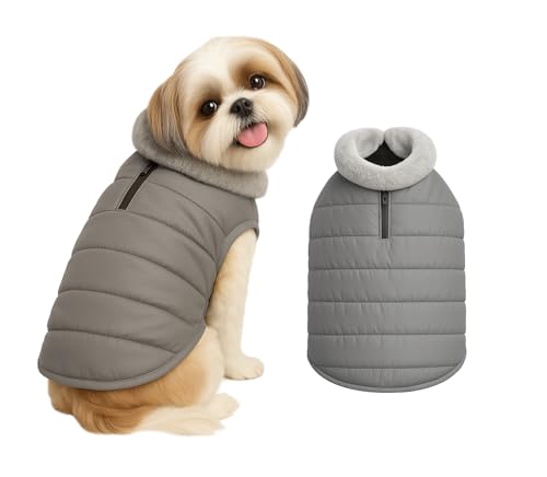 Image of The Pets Company Dog Winter Coat Jacket, Clothes, Windproof, Waterproof, Light Weight, Washable, Ultra Warm Thick Fleece Lined Dog Vest for Cold Weather Protection, (Grey, Small - 14 Inch)