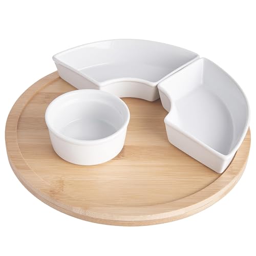 BUTLERS Set Snackschalen & Dipschalen | 5 Porzellan Schalen mit rundem Teller aus Bambus Ø26cm -APPETIZER- Servierschalen Set für Snacks, Fingerfood, Obst | Snackteller mit Fächern
