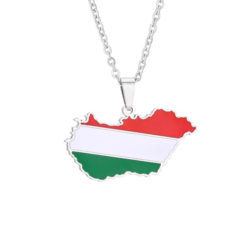 Macracrua Collier léger avec pendentif carte du drapeau de la Hongrie en acier inoxydable - Bijou minimaliste, 60cm Chain, Acier inoxydable, Pas de pierre précieuse