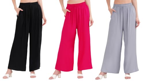 Image of Buy That Trendz Palazzo Pants for Women Rayon Elasticated Regular Fit Flared Wide Leg M to 6XL Pack of 3
