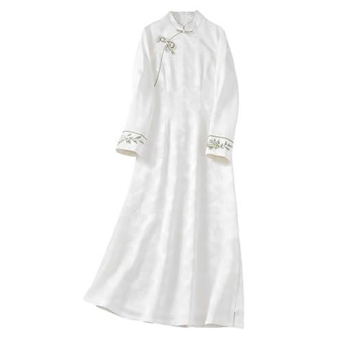 Image of Womens Chinese Traditional Style 3/4 Sleeve Print Elegant Slim Fit Casual Vintage Oversize Long Dress (White,Large)