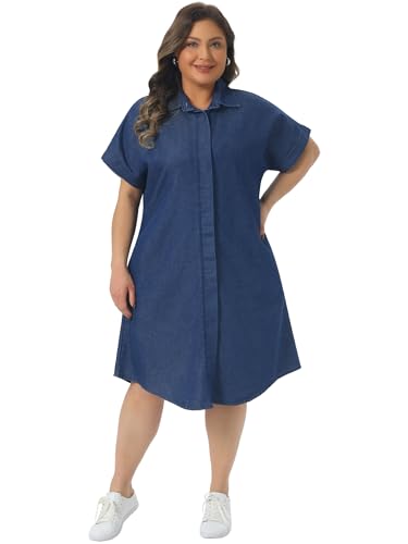 Image of Agnes Orinda Plus Size Denim Dress for Women Short Sleeve Button Down with Pockets Midi Jean Denim Shirt Dresses