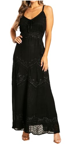Image of Sakkas Stonewashed Rayon Embroidered Adjustable Spaghetti Straps Long Dress
