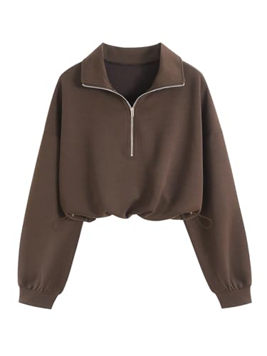 Verdusa Womens Mock Neck Sweatshirt Lightweight Half Zip Pullover Cropped Sweatshirts Workout Tops Coffee Brown Small