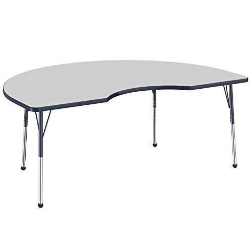 Image of FDP Kidney Activity School and Office Table (48 x 72 inch), Standard Legs with Ball Glides for Collaborative Seating Environments, Adjustable Height 19-30 inches - Gray Top and Navy Edge