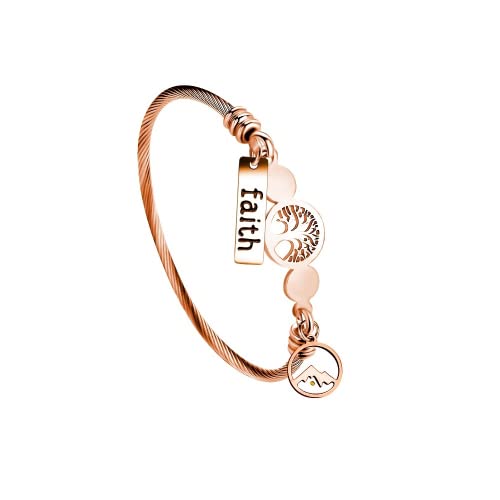 Image of Uloveido Rose Gold Plated Tree Of Life Bangle Cuffs Faith Mustard Seed Pendant Charms Open Bracelet for Women Y1028