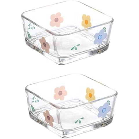 yaocoral 9 OZ Mini Floral Candy Dish Cute Flower Candy Bowl Small Square Glass Bowl for Dessert,Snack,Fruit,Icecream,Yogurt,Dipping,Side Dishes,Clear Kitchen Prep Serving Bowl,set of 2 Cover