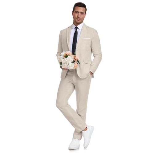 Men's Linen Suit 2 Piece Slim Fit Summer Beach Wedding Dress Tux Prom Suit Blazer Jacket and Pants