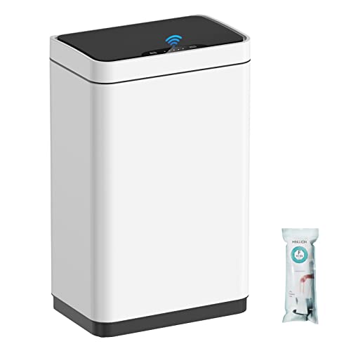 Image of Mbillion 15 Gallon Touchless Motion Sensor Trash Can | Rectangular whtie smart garbage can with lid, automatic touchless design for kitchen, bedroom, home & office use