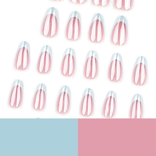Image of Blue French Tip Press on Nails Chrome Fake Nails with Glossy Nude Reusable Full Cover Medium Almond Stick on Nail for Women Manicure 24Pcs