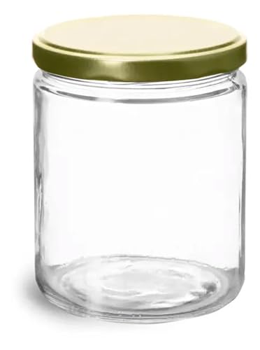SKS Bottle & Packaging Canning Jars - 16 Oz Clear Glass Food Jars Set with Gold Metal Lug Lids, Food Safe Containers for Salsa and Condiments, Straight Sided Jars with Screw Lid, Made in USA, 12 Pack