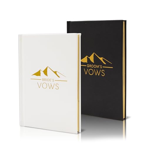 Livros de votos de casamento do noivo e da noiva (conjunto com 2) - Preto e branco com bolso em relevo em relevo design de montanha cerimônia de casamento votos renovação discurso agenda agenda