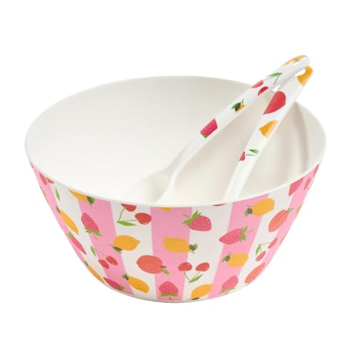 OHS Fruit Print Picnic Salad Bowl Reusable Plastic Serving Bowl with Matching Spoon and Fork Utensil Set Large Plastic Bowls 3 Piece for Salad Pasta Snacks - Parties Picnic BBQ Birthdays Pink