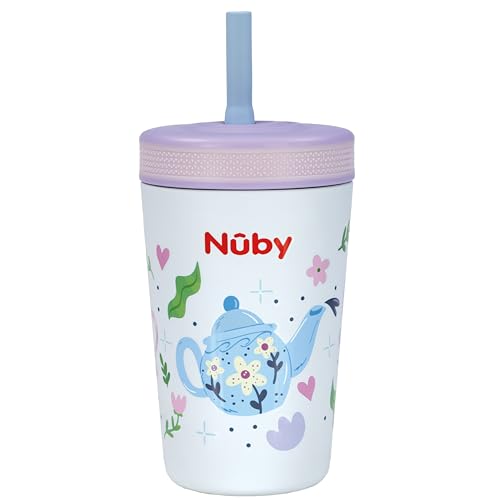 Image of Nuby Thirsty Kids Flexstraw Stainless Steel Insulated Toddler Cup - 12 oz | Leak-Resistant Silicone Straw - Easy-Clean Valve and Capacity - Travel Cup - Teapots