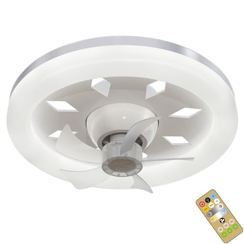 WRMING Ventilador de techo con iluminación, 40 W LED, lámpara de techo con ventilador, rotación de 360°, ventilador de techo silencioso con mando a distancia, casquillo E27, temporizador