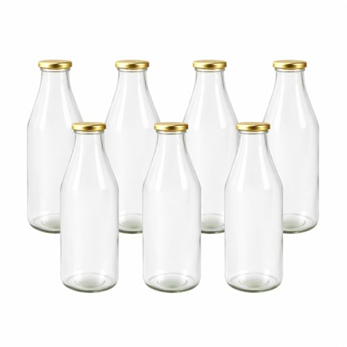 Image of Pure Source India Reusable Leak-Proof 1Litre Glass Bottle with Gold Metal Lid for Beverage & Milk Storage Bottles (Set of 10)