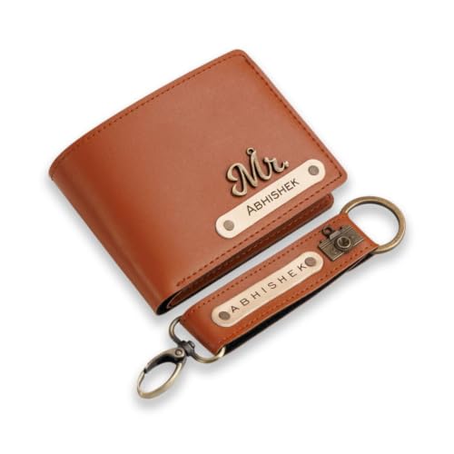 Image of Personalized Name & Charm Leather Wallet & Keychain (Dark Brown) Giftset for Men|Customized Birthday Anniversary Corporate Gift for Man|Gifts for Men|Secret Santa Gifts for Office Staff Tan Brown