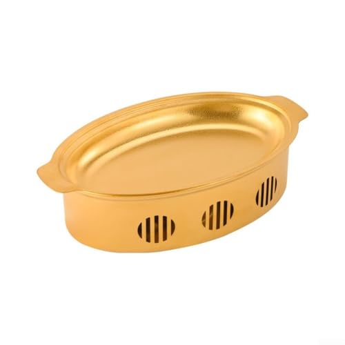 Olla caliente ovalada estilo coreano con asas dobles de acero inoxidable, calentador de velas con alcohol para peces y usos múltiples (45 x 25 cm, dorado)