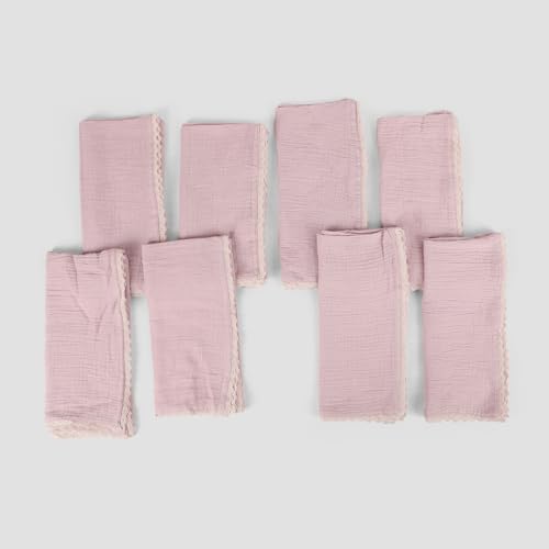 Image of FINGERCRAFT Cloth Napkins Set of 8, 20x20 Inch, Soft Cotton Muslin Dinner Napkins with Lace Edge, Reusable Washable Table Napkins for Wedding, Party, Dining & Home Decor (Peach Wipe)