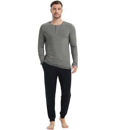 Image of NACHILA Mens Pajamas Set Long Sleeve Henley Sleepwear Top Soft Jogger Pants Pajamas Cool Pjs Set,Viscose Made from Bamboo