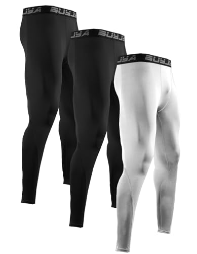 Image of BUYJYA 3 Pack Men's Compression Pants Running Tights Workout Leggings Athletic Cool Dry Yoga Gym Clothes Gift