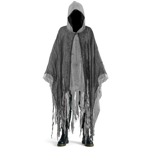 Superum Gruselige Geist Umhang mit Kapuze,90/120/150cm Halloween Geister Kostüm Erwachsene Grau Schwarz Geister Umhang Halloween Cape Herren Damen Sensenmann Gespenstischer Outfit Fasching Party