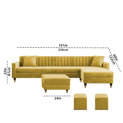Image of Casaliving Garcia RHS 8 Seater L Shape Sofa Set with Ottoman & 2 Puffy for Living Room (Yellow Colour) Premium Fabric Sofa Set