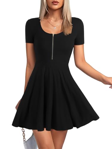 Image of KIFOVEN Women's Skater Dress Short Sleeve Zipper Ruffle Hem Flowy A Line Summer Short Mini Dress