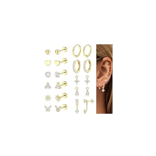 Gold Flat Back Stud Earrings for Women Trendy Stacks Hypoallergenic Surgical Steel Stud Hoop Earrings Set For Multiple Piercing Stainless Steel Cartilage Screw Back Earrings Jewelry Gifts