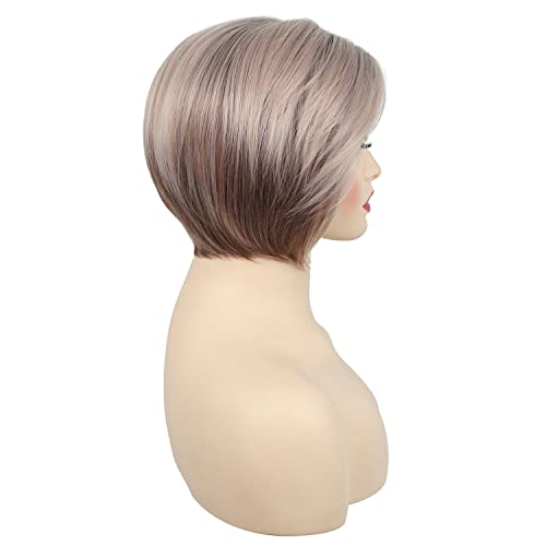 Tishining Ombre Rose Blonde Pixie Bob Short Hair Wigs For Women Layered Mixed Brown Side Part Cute Bob Synthetic Hair Wig Blonde Mixed Brown Natural Straight Hair Wig Daily Party Hair Replacement Wig #TOP5