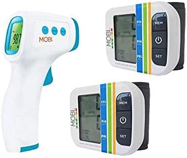 MOBI Health Automatic Wrist Blood Pressure Automatic Bp Cuff W/Large LCD Display | Monitors Pulse Rate & Irregular Heart Rate Monitor Kit Including Non-Contact Thermometer