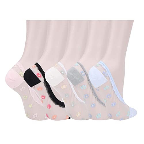 Womens Girls Sheer Lace Mesh No Show Socks Novelty Cute Ultra Thin Colorful Low Cut Socks Floral Silk Nylon Fishnet Transparent See Through Flower Patterned Liner Short Socks Gifts, 5 Pack-Flowers #TOP1