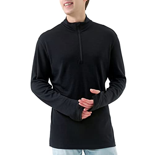 Merino Protect Merino Wool Base Layer Mens Quarter Zip Pullover Sweaters Heavyweight Long Sleeve Shirts Black #TOP12