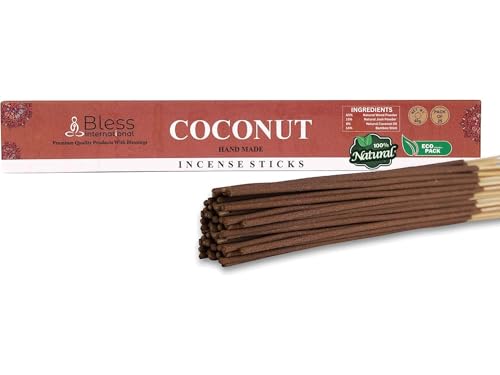 Bless-COCONUT-Incense-Sticks 100%-Natural-Handmade-Hand-Dipped-Incense-Sticks Organic-Chemicals-Free For-Purification-Relaxation-Positivity-Yoga-Meditation The-Best-Woods-Scent (25 Sticks (40GM))