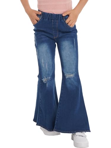 Flare Jeans for Girls Elastic Waistband Ripped Denim Bell Bottoms Long Pants