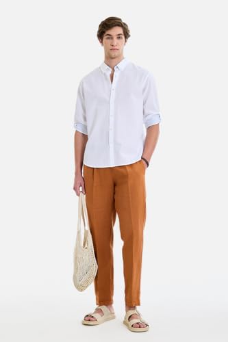 Image of SNITCH Men Smart Casual Shirt | Regular Fit Full Sleeve Button-Down Collar Solid Style | Breathable Cotton Linen Blend & Lightweight Fabric for Office
